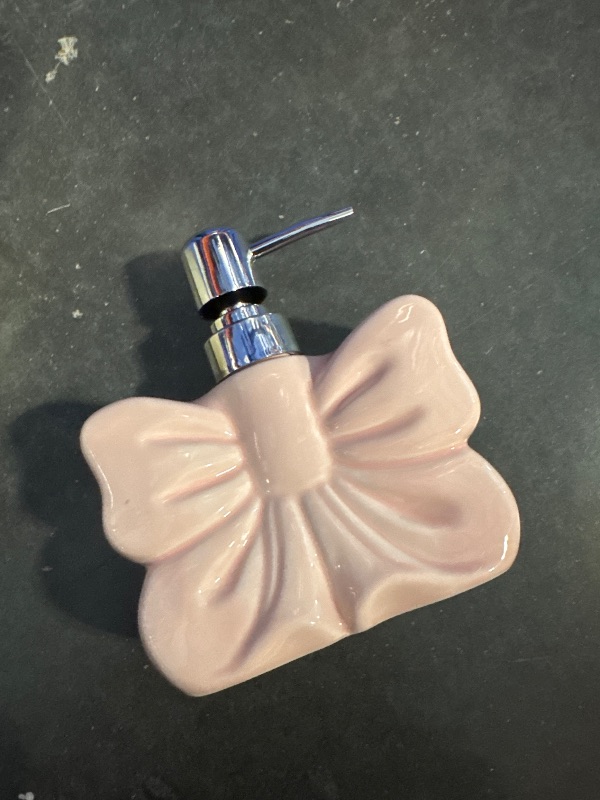 Photo 1 of ******TOP PART MISSING******** Bow Shape Soap Dispenser, 12 oz Ceramic Hand Soap Dispenser with Removable Pump, Refillable Liquid Hand SoapDispenser, Lotion Dispenser for Kitchen Bathroom Countertop (Pink)