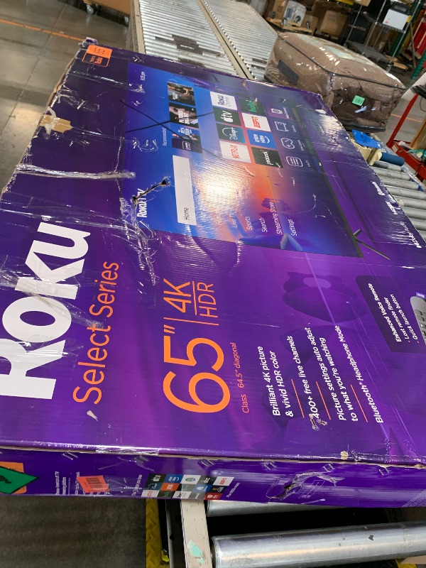 Photo 1 of ** NO RETURNS ** FINAL SALES ** DAMAGE ** Roku Smart TV – 65-Inch Select Series, 4K HDR TV – RokuTV with Enhanced Voice Remote – Flat Screen LED Television with Wi-Fi for Streaming Live Local News, Sports, Family Entertainment