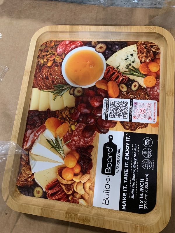 Photo 1 of ****NO RETURNS  AND OR REFUNDS********No Lid*    FARBERWARE Build-A-Board Bamboo Cutting Board with Built-in Compartments, Clear Locking Lid & Navy Handles, Ideal for Charcuterie, Snacks & Prep