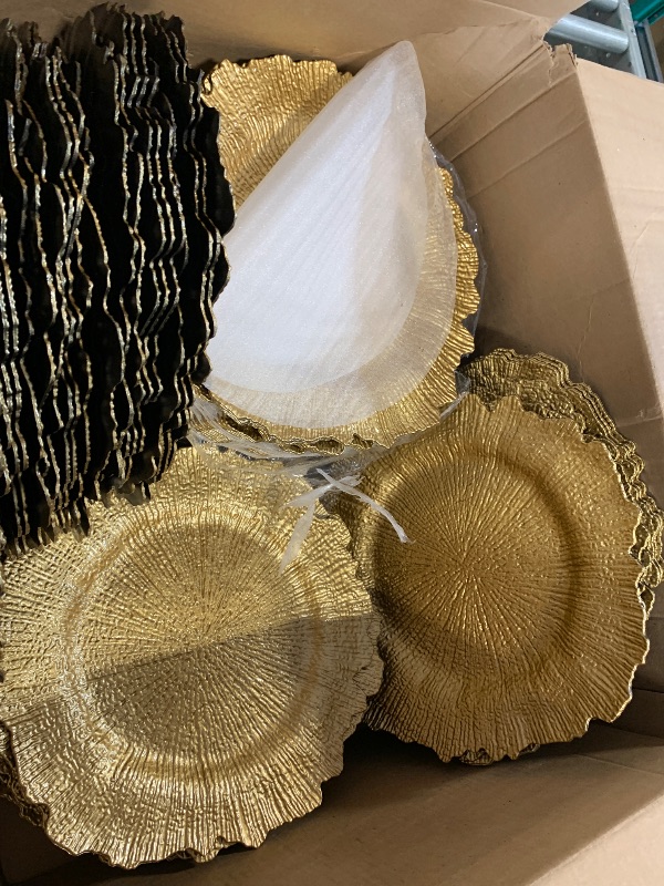 Photo 1 of ***85 PIECES, VIEW NOTES*** MAONAME 13" Gold Charger Plates, Round Reef Chargers for Dinner Plates, Plastic Plate Chargers Bulk for Table Setting, Wedding Decor, Set of 100