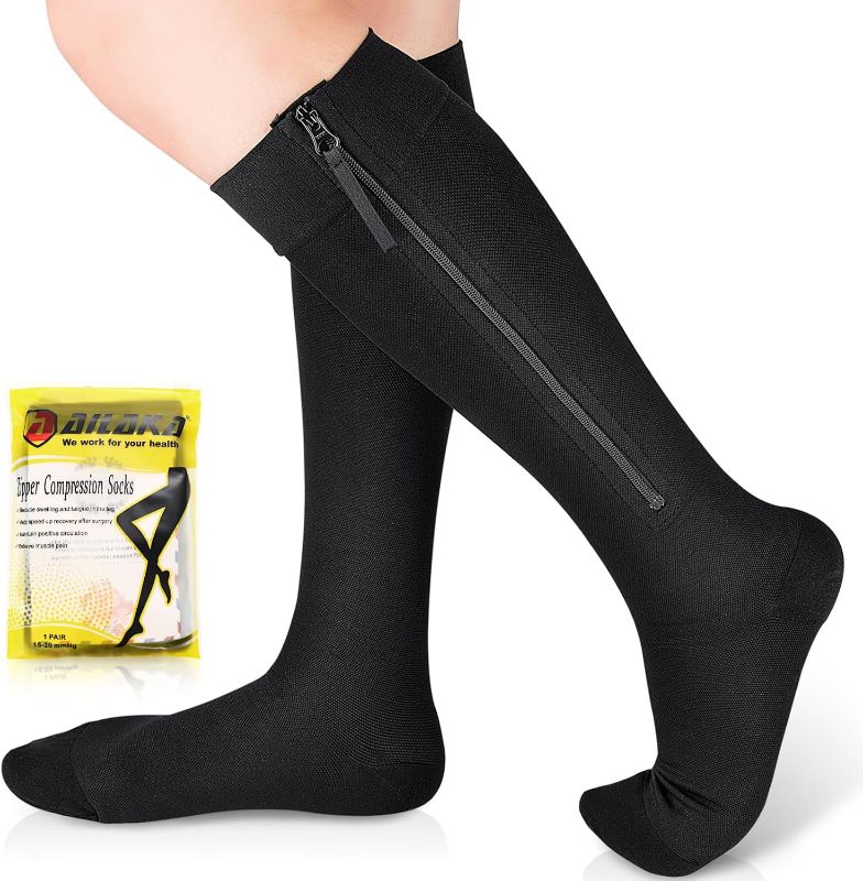 Photo 1 of  Zipper Compression Socks Medical, 15-20 mmHg Knee High Compression Socks for Men Women, Close Toe Support Socks for Varicose Veins, Edema, Recovery, Pregnant, Nurse
