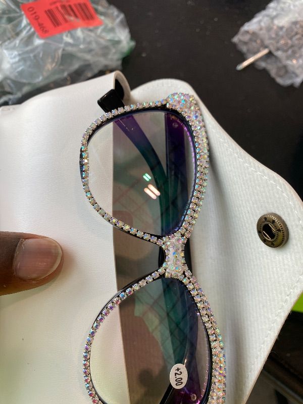 Photo 1 of *MINOR DAMAGE - USED*
willochra Oprah Style Rhinestone bling Diamond Reading Glasses for Women, Fashion Square Blue Light Blocking Readers (clear, 1.5, x)