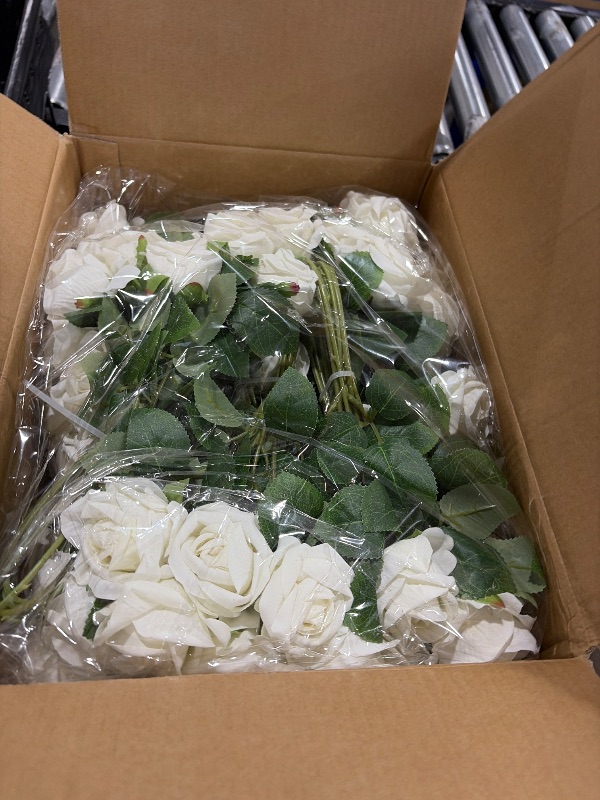 Photo 1 of 100 Pcs White Roses Artificial Flowers, Real Touch Velvet Roses Bouquet Fake Flowers Bulk, Artificial Roses with Long Stems for Birthday Gift Women Mom DIY Bridal Wedding Centerpiece Decorations
