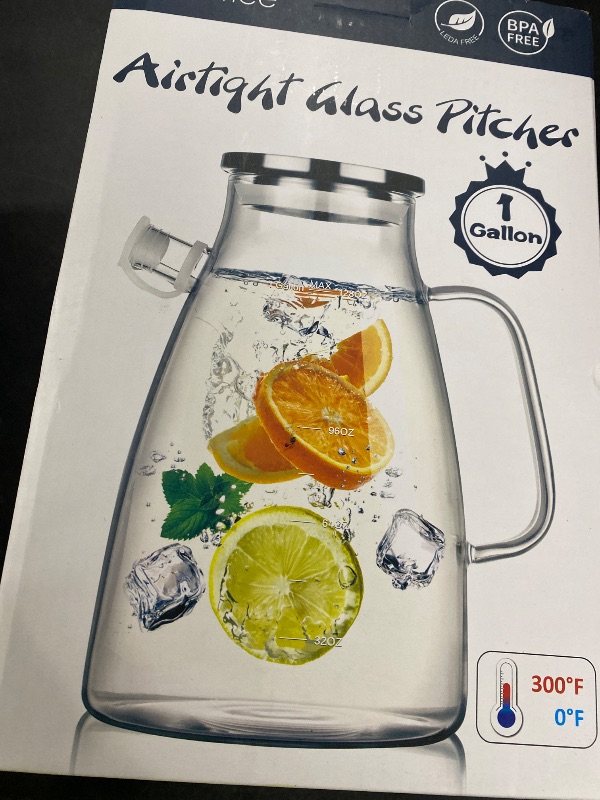 Photo 1 of 1 Gallon 128oz Glass Pitcher,Water Pitcher with Full Seal Lid and Spout, Glass Carafe for Hot/Cold Drink, Water Jug for Iced Tea, Coffee, Juice, Milk, Beverage