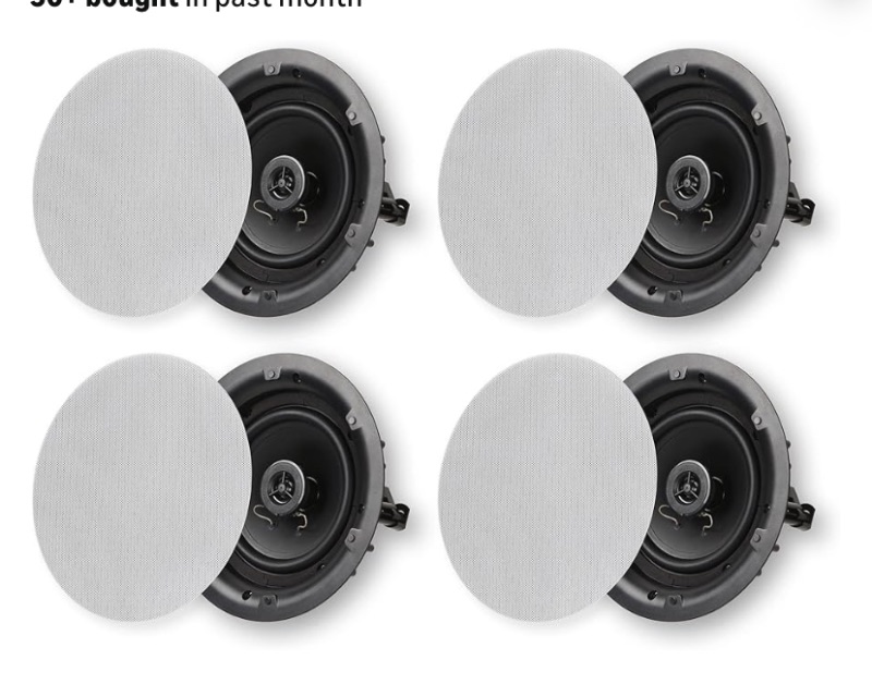 Photo 1 of Micca 6.5" 2-Way in Ceiling or Wall Round Speakers, 4 Pack, 6.5 Inch Woofer, 8" Cutout Diameter, Low Profile Rimless Design, for Indoor Rooms or Covered Outdoor Porches, White, Paintable