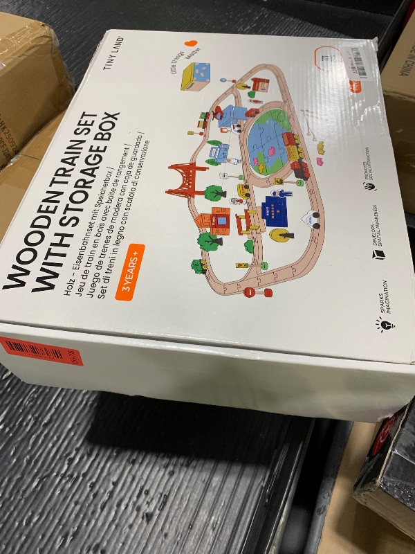 Photo 1 of Tiny Land 110pcs Wooden Train Set with Folding Storage Box, Wooden Train Track Toy for Boys & Girls, Age 3-7, Includes Convenient Storage