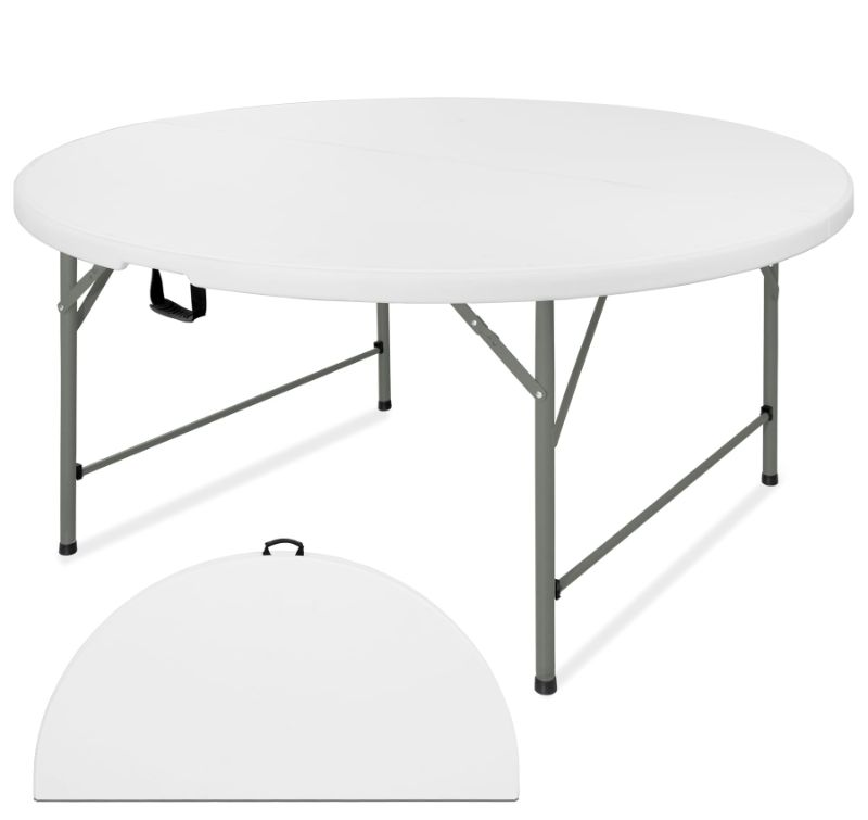 Photo 1 of JALANCY 5 FT Round Folding Tables with Carrying Handle 60 inch Heavy Duty Portable Plastic Commercial Table Steel Legs for Party, Dining, Wedding, Events, Picnic Indoor, Outdoor (Grey,1 Pack)