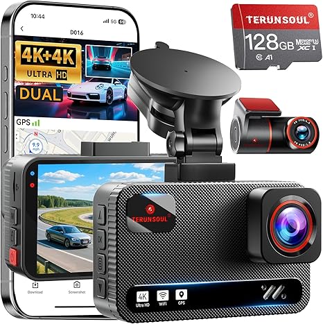 Photo 1 of 4K+4K Dash Cam Front and Rear, Free 128GB Card Included, 5.8GHz WiFi Dash Camera for Cars, Built-in GPS, G-Sensor, 170°Wide Angle, 3" IPS Screen, 24H Parking Mode, Support 512GB Max
