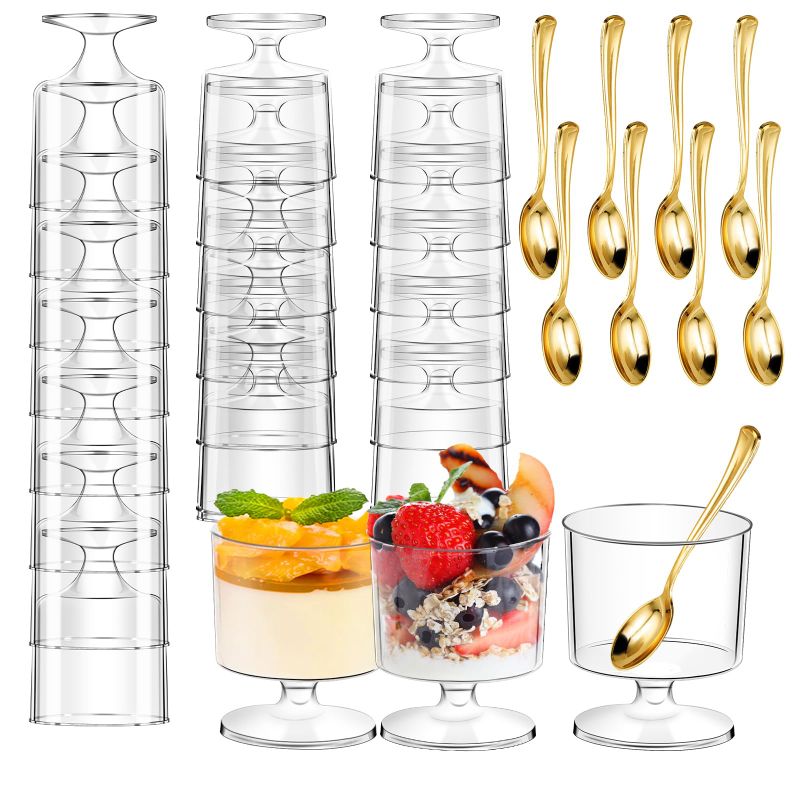 Photo 1 of DI QIU REN 12 Pcs 5oz Dessert Cups with Golden Spoon, Plastic Dessert Parfait Cup Clear Appetizer Pudding Cup, Round Serving Goblet Cups Shot Glasse (Round Goblet-12Pack)