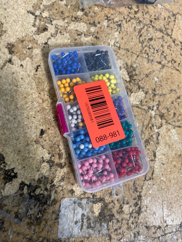 Photo 1 of 1000 Pcs Multi-Color Push Pins, Map Pins for Travel Map, 1/8" Small Map Tacks with Plastic Beads Head for Cork Board, World Map Pin Board, Bulletin Board, Fabric Marking, Craft, Office