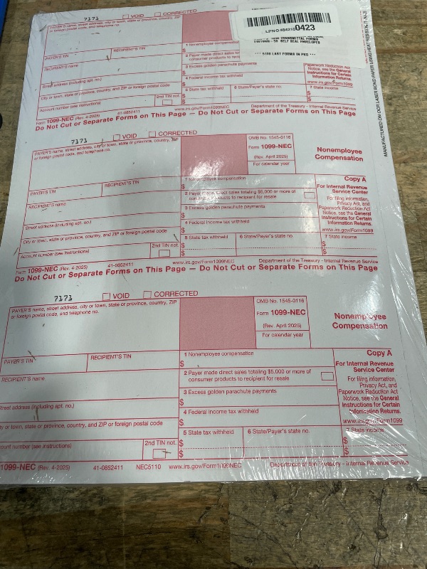Photo 1 of 1099 NEC Tax Forms 2025, 3 Part of Laser NEC Tax Forms, 50 Pack and 50 Self-Seal Envelopes, Pack Included Federal/State Copy's, 1096's –Great for QuickBooks and Accounting Software, 50 Pack
