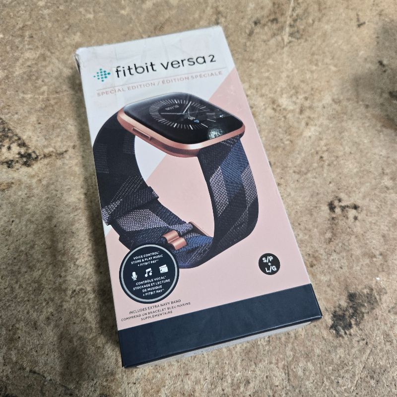 Photo 1 of **Screen Broken*** Fitbit Versa 2 Special Edition Health and Fitness Smart Watch with Heart Rate, Music, Alexa Built-In, Sleep and Swim Tracking, Navy and Pink Woven/Copper Rose, One Size (S and L Bands Included), 2.3