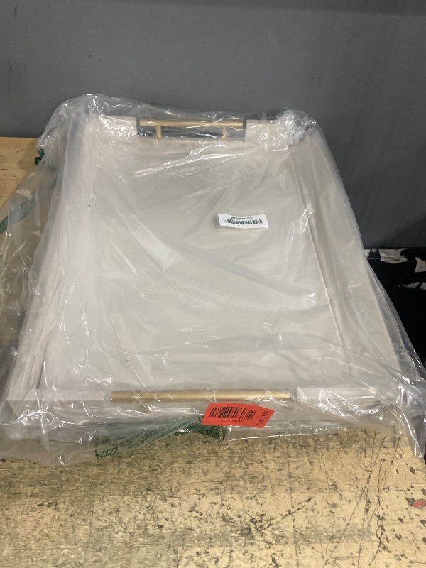 Photo 1 of (MINORE DAMAGE TO ONE SIDE)........ATZYmolin 17" x 12" Wood Serving Tray with Gold Polished Metal Handles, Home Decorative Wooden Rectangle Ottoman Leather Decor Platter Bathroom Vanity Tray for All Occasions White