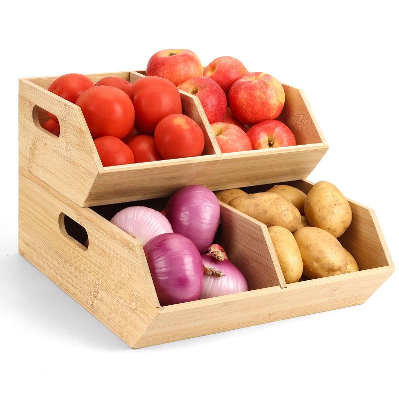 Photo 1 of 2 Set Pantry Organizers and Storage Bins, Bamboo Stackable Baskets for Potatoes, Onion, Bread, Vegetables - Bamboo Pantry Organizer Containers for Drawer, Cabinet, Countertop