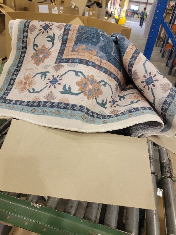 Photo 1 of 8 x 10 Area Rugs for Living Room, Machine Washable Area Rugs Boho Faux Wool Low Pile Area Rug for Bedroom, Floral Medallion Vintage Rugs with Non-Slip Rubber, Kid & Pet Friendly, Blue Yellow