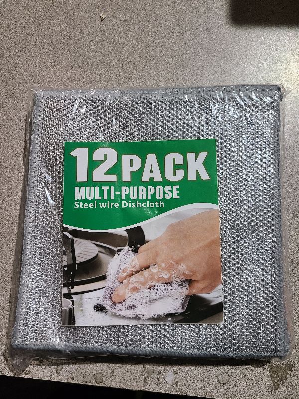Photo 1 of 12pcs Non Scratch Wire Dishcloth Multipurpose Reuseable 3Layer Steel Wool Cleaning Cloths Wire Dishwashing Rags Miracle Metal Dish Cloth for Kitchen Furniture Office Stoves Cookers Sinks Dishes garage