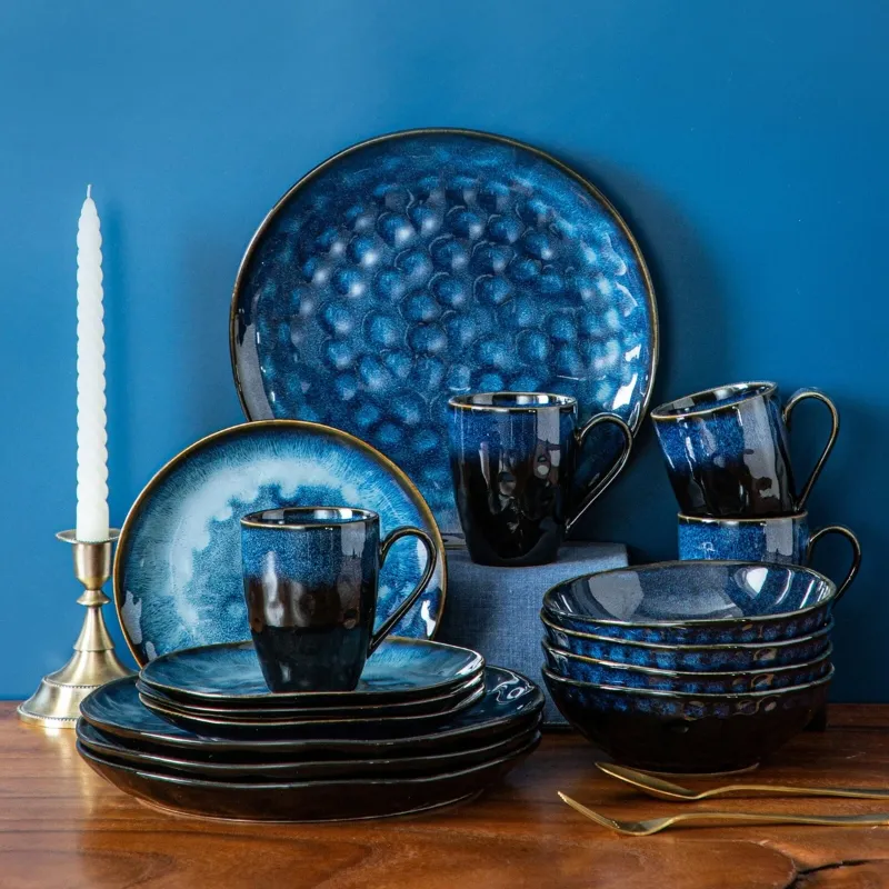 Photo 1 of 16 Pieces Blue Stoneware Dinnerware Set for 4 People