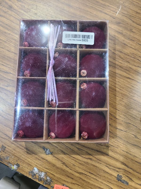 Photo 1 of 12pcs Christmas Tree Hanging Ball Decoration 2.4Inch Velvet Christmas Ornaments Balls Flocked Shatterproof Plastic Xmas Tree Ball for Party Holiday Wedding Home Decor (1, Burgundy, 12PCS)
