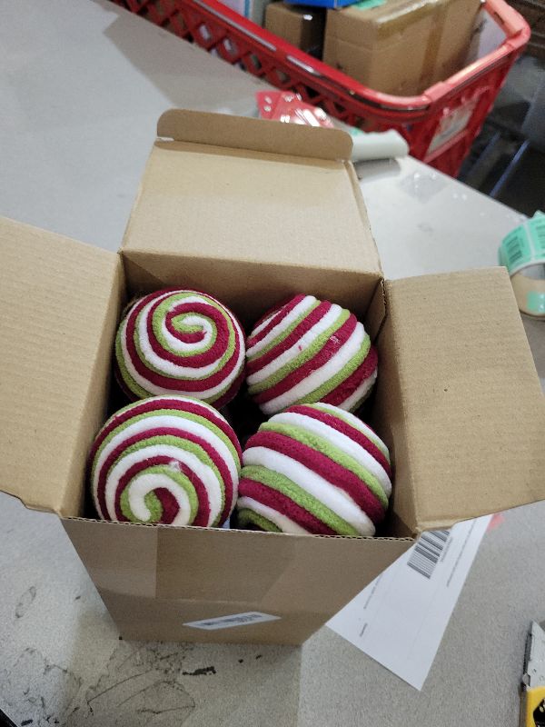 Photo 1 of 16 Pcs Fluffy Christmas Balls Ornaments 2.36 Inches Red Green White Christmas Balls Ornaments for Xmas Tree Peppermint Candy Hanging Decorations Elf Swirl Candy Cane for Bowl Basket Vase Fillers