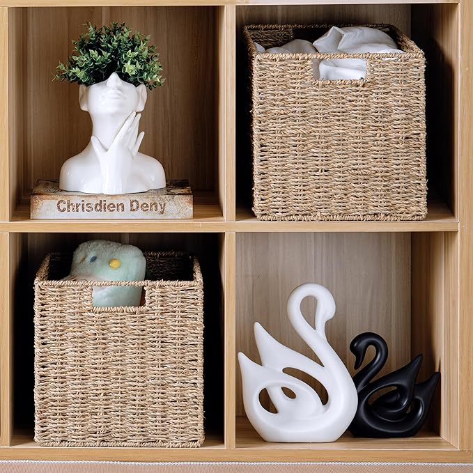 Photo 1 of 10.5 x 10.5 in Plastic Wicker Baskets for Cube Storage, Collapsible Square Wicker Storage Basket Set of 2, Rattan Storage Cube, Square Baskets for Shelves - Khaki