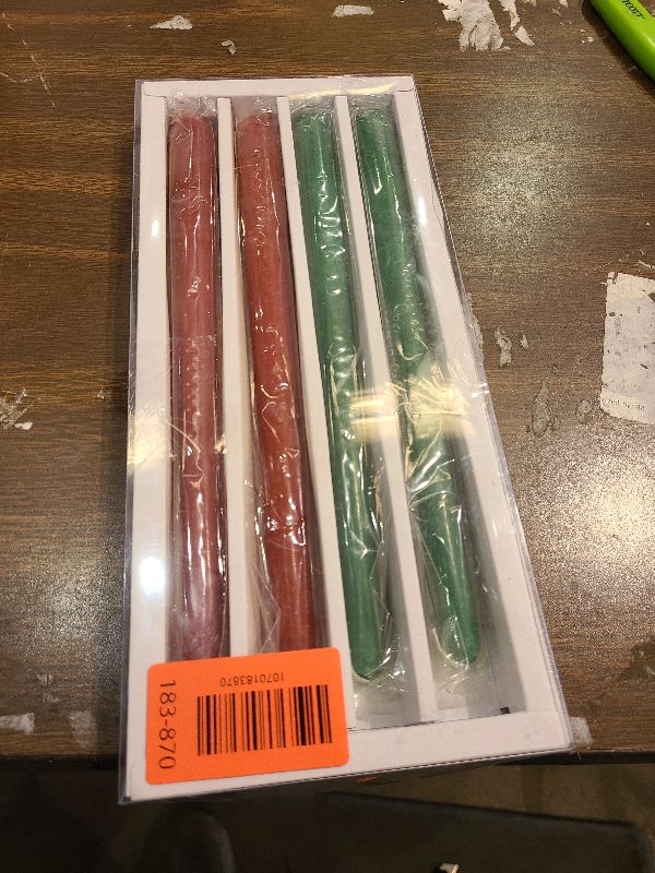 Photo 1 of 10 Inches Green and Burgundy Unscented Taper Candles for Christmas, 4 Pcs 7/8 Inch Thin Candlesticks for Dinner, Party, Home Decoration and Emergency