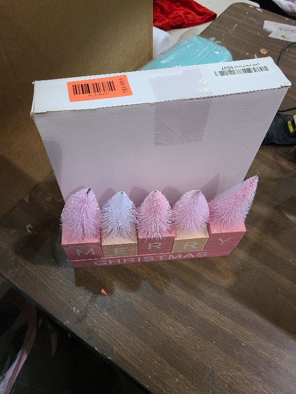 Photo 1 of Amyhill Pink Christmas Tabletop Decoration Wooden Merry Christmas Sign Pink Xmas Tree Decor Wooden Rustic Winter Holiday Tabletop Ornament for Xmas Party Shelf Mantel Tiered Tray Gift Office Kitchen