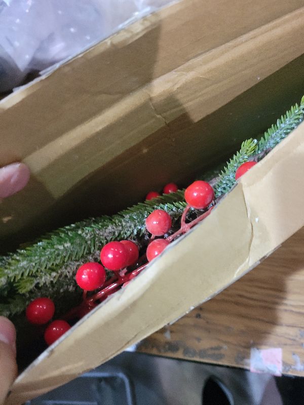 Photo 1 of 6Pcs Christmas Norfolk Pine Branches with 6Pcs Red Berry Stems 14" Artificial Snowy Pine Branch with Cone Fake Frosted Greenery Stems DIY Faux Evergreen Pine Needles for Xmas Wreath Vase Decor