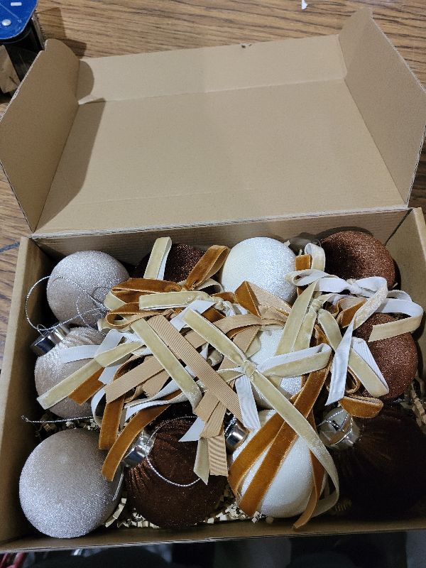 Photo 1 of 12Pcs Velvet Christmas Balls Ornaments and Ribbon Bows 2.4 Inch Flocked Xmas Tree Hanging Decorations for Holiday Party Wedding Brown Khaki Beige