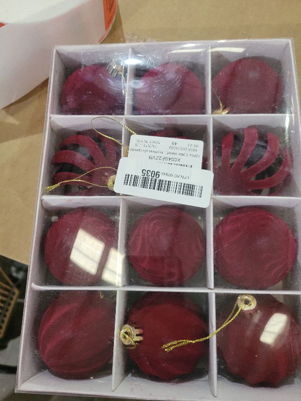 View 3 of 12Pcs 2.36in Velvet Christmas Tree Balls Ornaments Plastic Flocked Shatterproof Handmade Hanging Decoration Plush Balls Sets for Christmas (Burgundy)