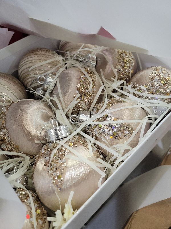 Photo 1 of 12Pcs 4” Silk Christmas Ball Decorations, Satin Christmas Tree Ornaments, Luxury Vintage Hanging Christmas Home Decor for Xmas Holiday Wedding Party Decoration (Champagne)