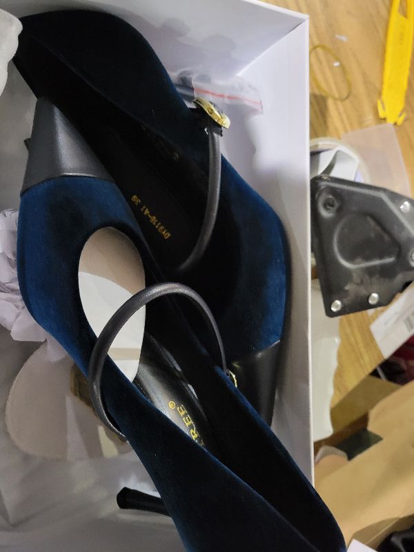 Photo 1 of baobeijiadao Womens Pointed Toe Heeled Pumps Slip On Stiletto Heels Single-Strap Wedding Evening Dressy Shoes Blue 8.5-9