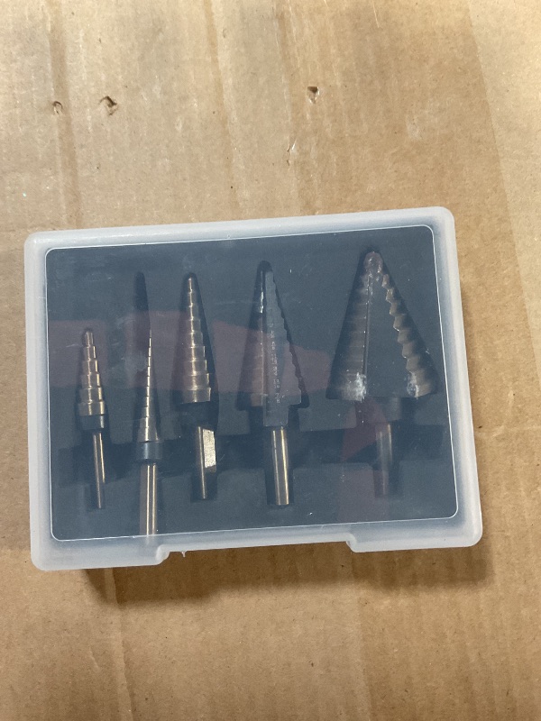 Photo 1 of ***LARGEST DRILL BIT BROKEN REST ARE FUNCTIONAL** Aleric Step Drill Bit Set - 5 Pcs High Speed Steel Titanium Step Drill Bits, Step Bits for Wood, Plastic, Aluminium, Multiple Size Hole Cutting Drilling Cone Unibit Step Drill Bit for DIY Lovers