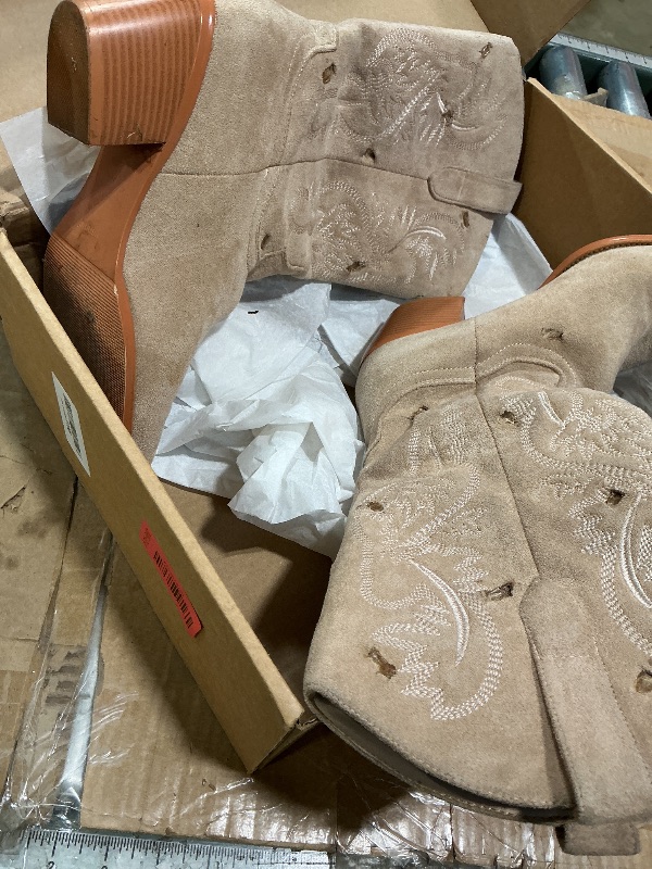 Photo 1 of **HOLES ALL OVER**iiimmu Cowgirl Tall Boots Pointed Toe and Block Heel Cowboy Suede Boots with Embroidered, Beige, Size 8.5