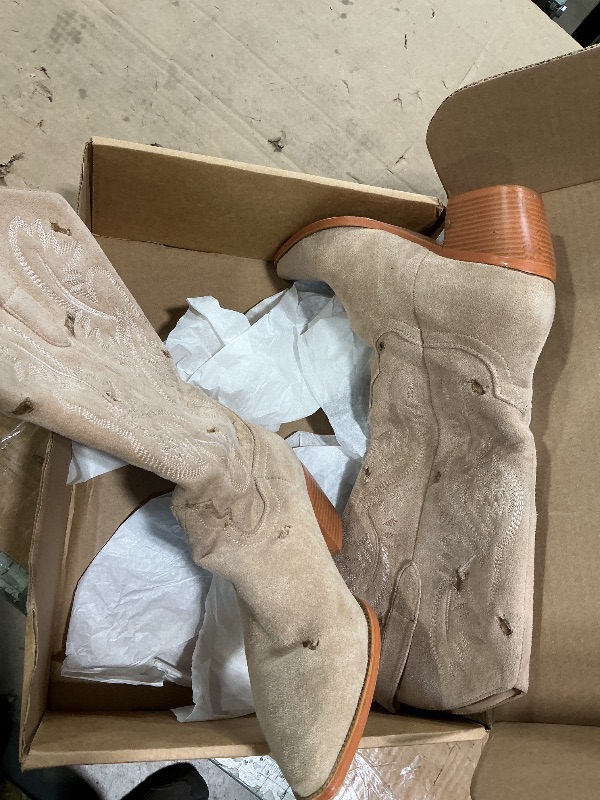 Photo 1 of **HOLES ALL OVER**iiimmu Cowgirl Tall Boots Pointed Toe and Block Heel Cowboy Suede Boots with Embroidered, Beige, Size 8.5