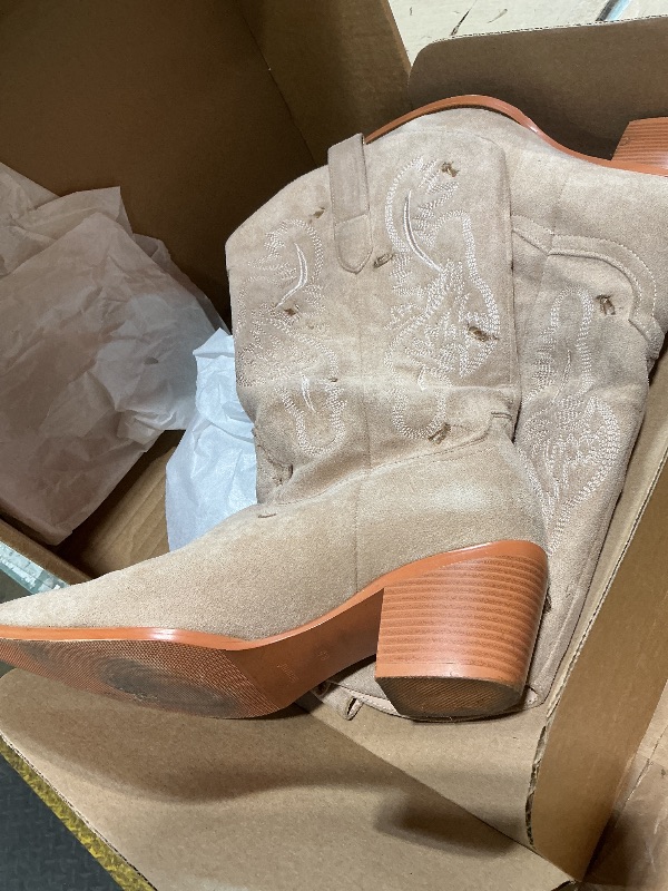 Photo 1 of **HOLES ALL OVER**iiimmu Cowgirl Tall Boots Pointed Toe and Block Heel Cowboy Suede Boots with Embroidered, Beige, Size 8.5