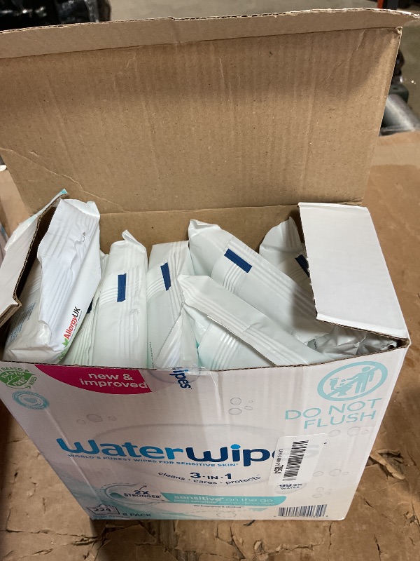 Photo 1 of **PARTIAL SET/ ONLY 6 PCS** WaterWipes Sensitive+ On The Go Wipes, 3-In-1 Cleans, Cares, Protects, 99.9% Water, Unscented & Hypoallergenic Wet Wipes, 224 Count (8 Packs)