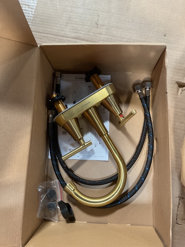 View 3 of (((Only one ))))Bathroom Faucets for Sink 3 Hole, Hurran 4 inch Brushed Gold Bathroom Sink Faucet with Pop-up Drain and Supply Hoses, Stainless Steel Lead-Free Centerset Faucet for Vanity RV,