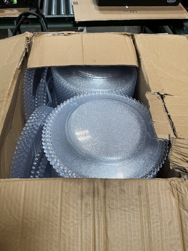Photo 1 of *** DAMAGED AND MISSING PARTS***Hoolerry 100 Pack Clear Charger Plates Bulk 13 Inch Acrylic Round Dinner Charger Plates Beaded Frosted Grain Dinner Decorative Dishes for Wedding Party Events Home Kitchen Tabletop(Clear,Beads)