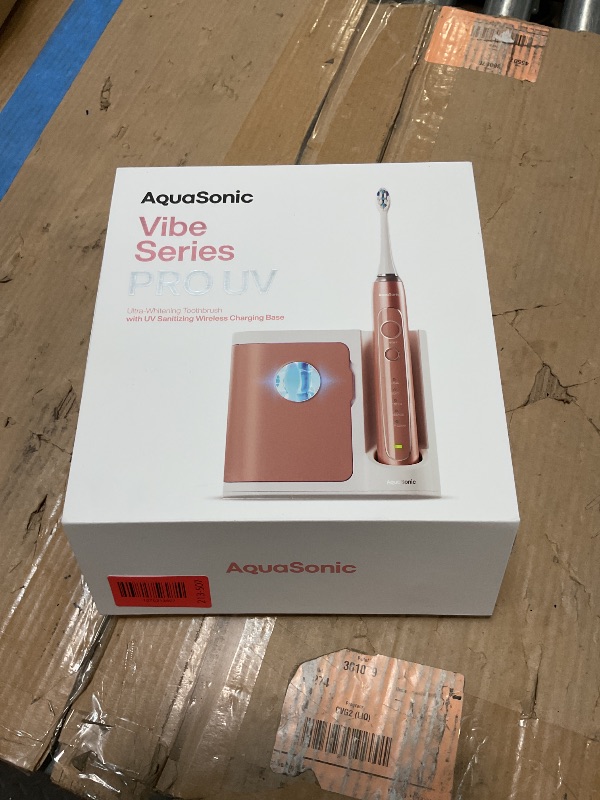 View 2 of ***UV LIGHT NON FUNCTIONAL***MISSING SOME HEADS***
Aquasonic Vibe Series PRO – Ultra-Whitening Electric Toothbrush – 5 Modes & Smart Timers – UV Sanitizing Base – ADA Accepted (Satin Rose Gold)