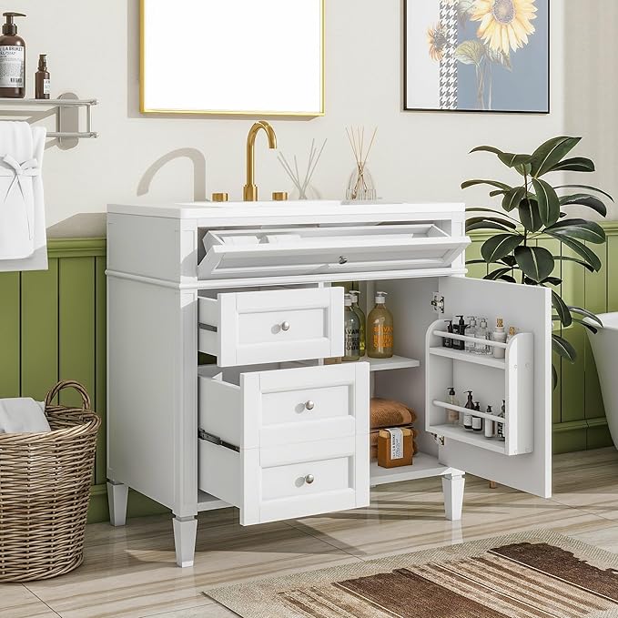Photo 1 of ** MAJOR DAMAGE TO SINK. **MIRIGHTONE 36" BATHROOM VANITY WITH SINK, BATHROOM VANITIES 36 INCH WITH SINK, 36 BATHROOM SINK VANITY WITH 2 DRAWERS, 1 TIP-OUT DRAWER AND DOOR SHELVES, 36 VANITY WITH SINK FOR BATHROOM (WHITE)