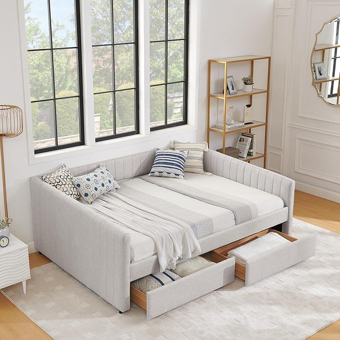 Photo 1 of *** INCOMPLETE SET/ BOX A ONLY*** Daybed with Two Drawers, Modern Linen Queen Size Day Bed Frame with Storage, Upholstered Sofa Bed with Stripes, Furniture for Bedroom Living Room Guest Room, No Box Spring Needed, Beige