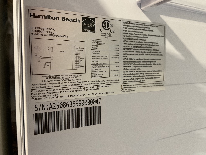 Photo 1 of *** MINOR DAMAGE***Hamilton Beach HBF2064 20.6 cu ft Counter Depth Full Size Refrigerator, Side Doors, Stainless