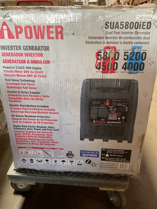 Photo 1 of **FOR PARTS/ BROKEN*** A-iPower 5800-Watt Dual Fuel Quiet Portable Inverter Generator, Electric Start RV Ready, EPA & CARB Compliant CO Sensor, with Telescopic Handle for Backup Home Use, Tailgating & Camping (SUA5800iED)