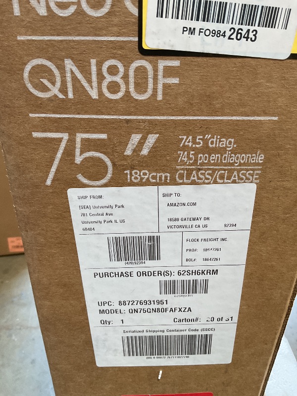 Photo 1 of *** USED/MISSING REMOTE, POWER CORD, AND HARDWARE***Samsung 75-Inch Class Neo QLED 4K QN80F Series, Vision AI, Mini LED Smart TV (2025 Model, 75QN80F) Neo Quantum HDR, Object Tracking Sound Lite w/Dolby Atmos, NQ4 AI Gen2 Processor, Alexa Built-in