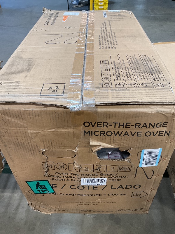 Photo 1 of **FOR PARTS ONLY/DAAMGED/ BOX IS DAMAGED*** GE 30" Over-the-Range Microwave, 1.6 Cu. Ft., 1000 Watts, 300 CFM Hood Vent, LED Lighting, Auto Defrost, Easy Mount Install, Stainless Steel, JVM3160RFSS
