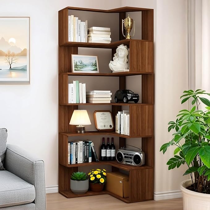 Photo 1 of *** MINOR DAMAGE/UNKNOWN MISSING PARTS OR HARDWARE***Corner Bookshelf, 6 Tier Corner Bookcase Tall, 78.7" L-Shaped Corner Book Shelf, Walnut Corner Shelves for Home Office, Living Room, Bedroom