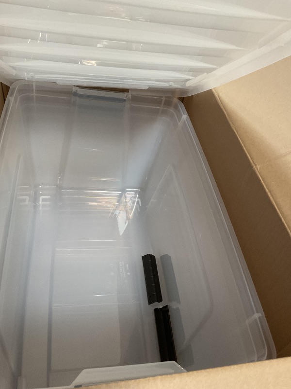Photo 1 of **MINOR DAMAGES (cracked) IRIS USA 72 QT Plastic Storage Box with Lid and Latches - 4 Pack - BPA-Free, See-Through Organizing Solution, Durable Nestable Stackable Containers, Secure Pull Handle - Clear