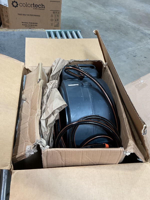 Photo 1 of ***DAMAGED*** Giraffe Tools AW40 Retractable Hose Reel 5/8" x 90 ft Wall Mounted Garden Hose Reel Heavy Duty, Automatic Rewind, 180 Deg Swivel, Any Length Lock, 9 Pattern Nozzle, 90 ft, Dark Grey