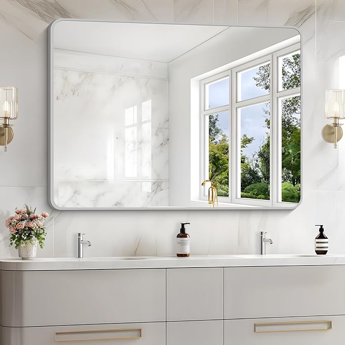 Photo 1 of ***PIC FOR REFERENCE ***48x36 Inch Silver Bathroom Mirror, Large Rectangular Vanity Mirror, Metal Framed Rectangle Mirrors, Rounded Corner Wall Mounted Mirrors for Living Room Bedroom Entryway Horizontal or Vertical