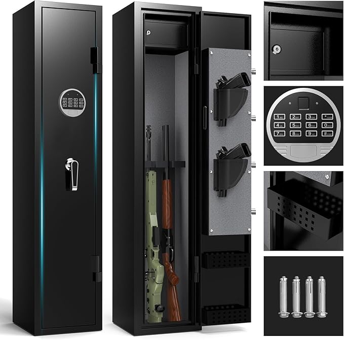 Photo 1 of ***USED, MINOR DAMAGE***Gun Safe, 3-5 Gun Cabinet with Separate Locker, Gun Safe for Rifles and Pistols with Dual Alarm and Mute Mode, Shotgun Safe with LED Light, Rifle Safes for Home with Removable Shelf